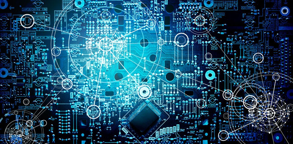 Blue circuit board with radial crop circle like overlays