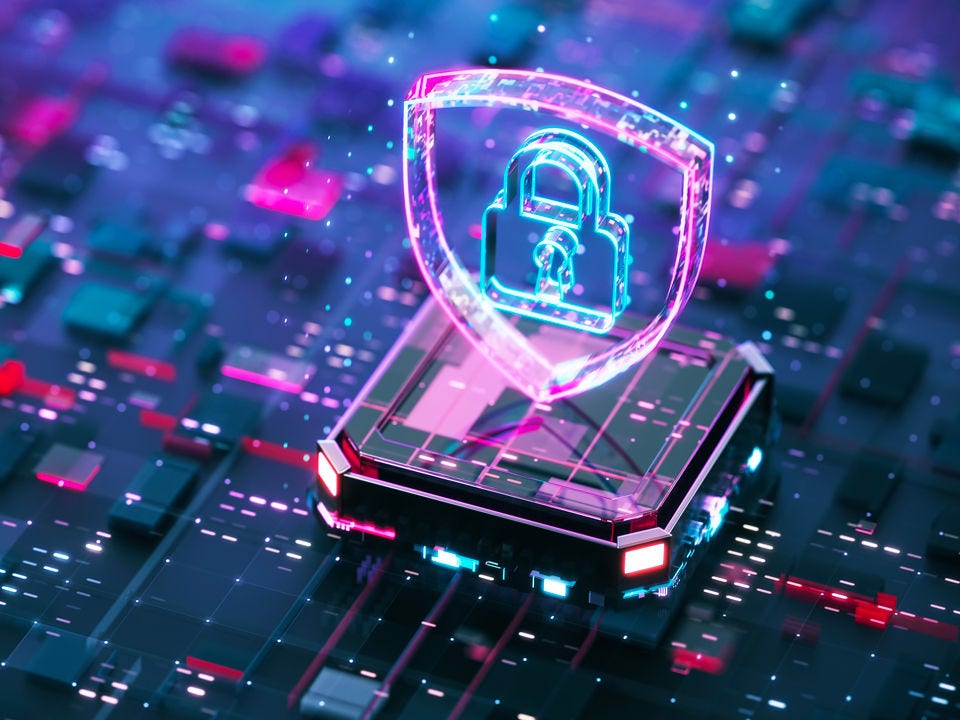 Security icon hologram over chipboard in reds/blues/violets