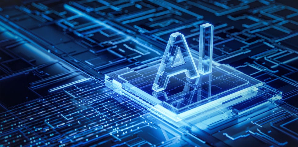 Isometric AI vector on semiconductor chip on techy blue circuitboard
