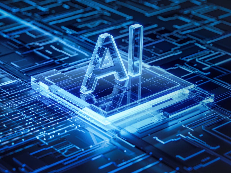 AI abstract semiconductor graphic in semi-transparent blue