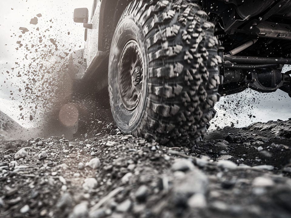 Offroad tire splashing mud on dirt and gravel road