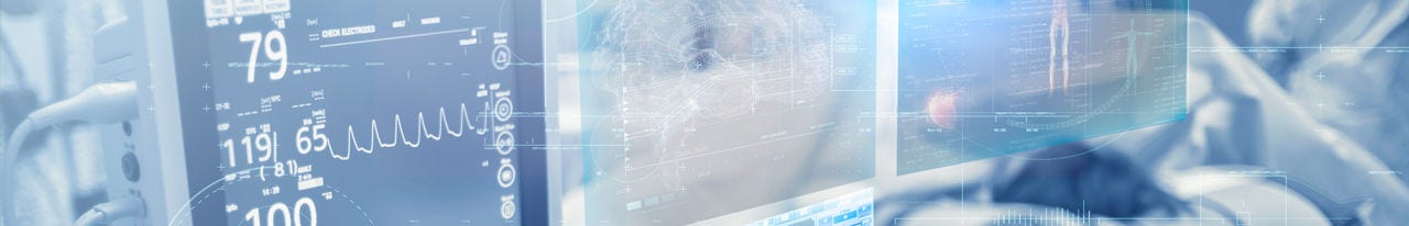 A collage of medical device prototypes (wearables, displays, imaging equipment)