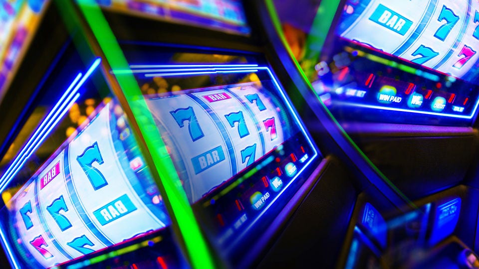 Colorful slot machines at a diagonal angle