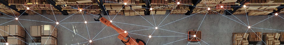 Automated guided orange cranes or robot arms connected by an overlaid matrix lattice graphic in a warehouse