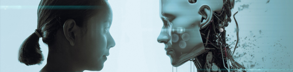 EA brunette girl side portrait facing humanoid robot