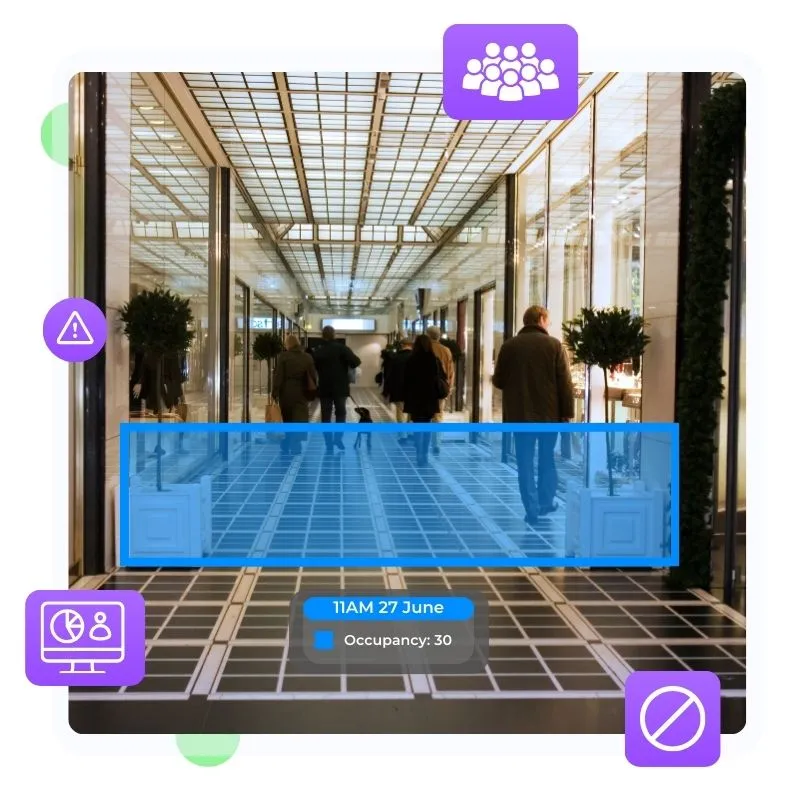 Overlaid visualization/GUI of customer traffic metrics and icons over mall shoppers