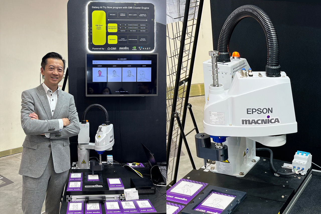 (Left) Macnica Galaxy president Jason Chuang; (Right) Vision AI portrait sketch demonstration integrated with a robotic arm.