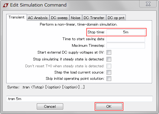 Edit Simulation Command (Stop time)