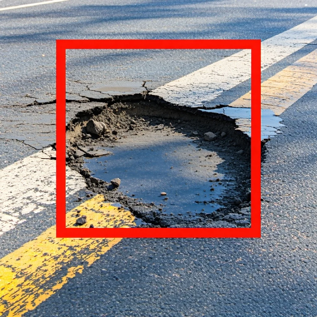 Large pothole on cracked asphalt road
